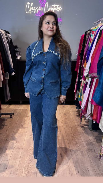 Rhinestone collar denim coord set