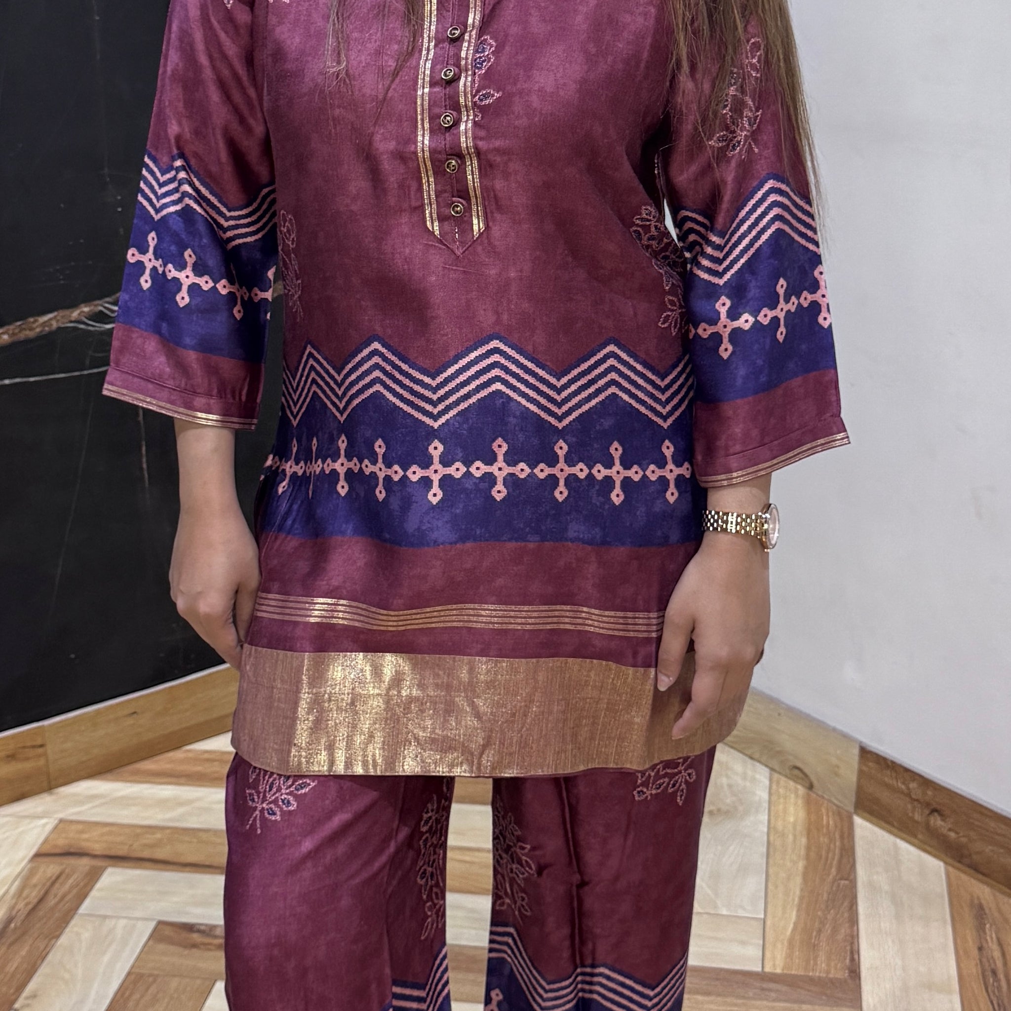 Collar neck premium rayon fabric printed coord set.
