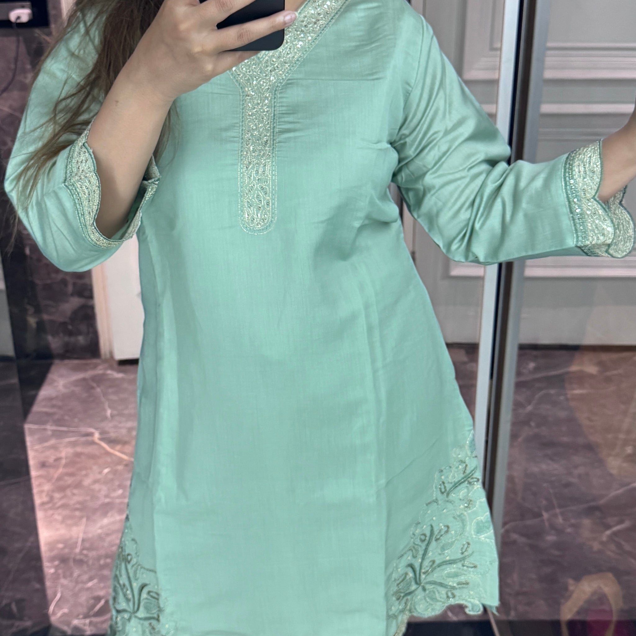 Luxurious Sea green hand work coord set from couture by ankita