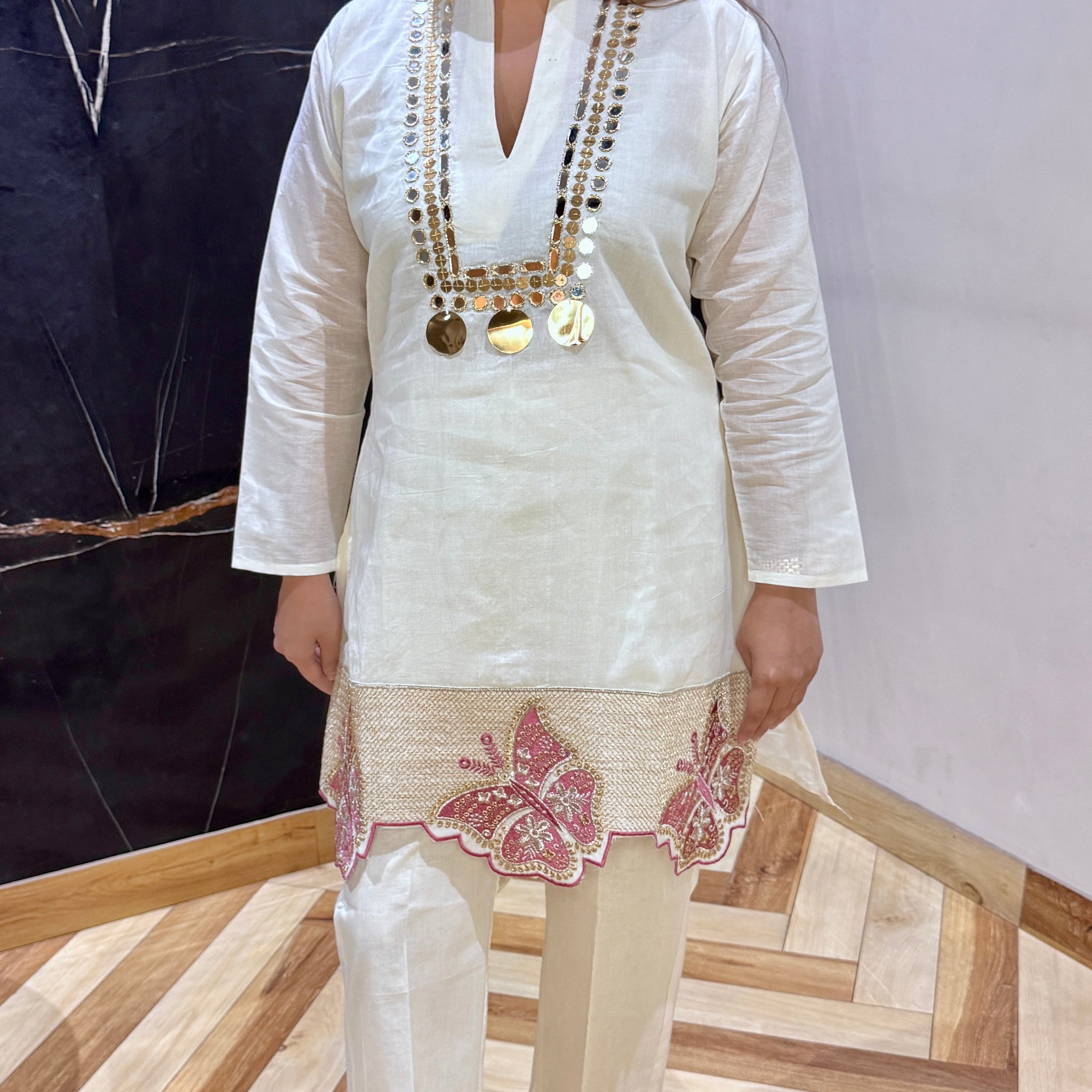 Pure cotton foil detailing butterfly embroidered coord set with mul cotton lining, perfect for summers. Offwhite elegance