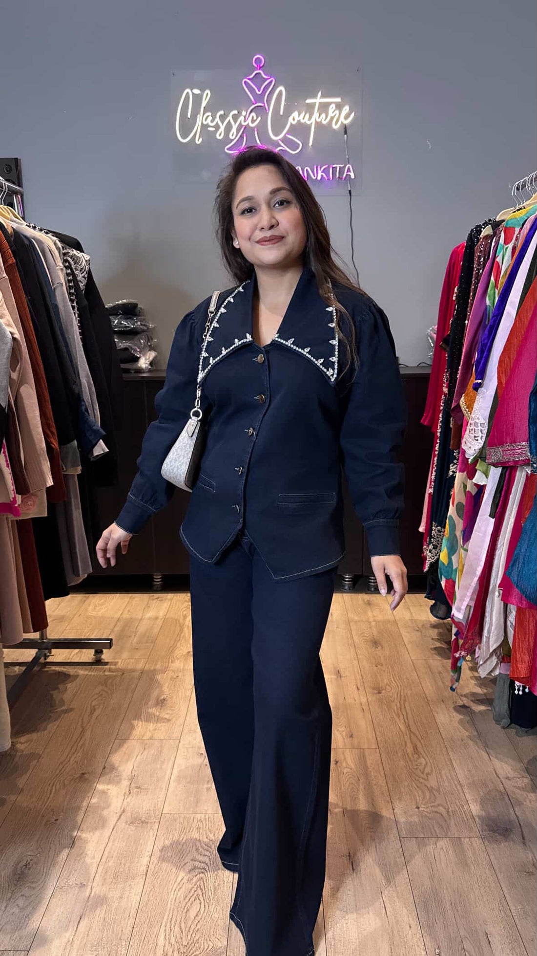 Rhinestone collar denim coord set