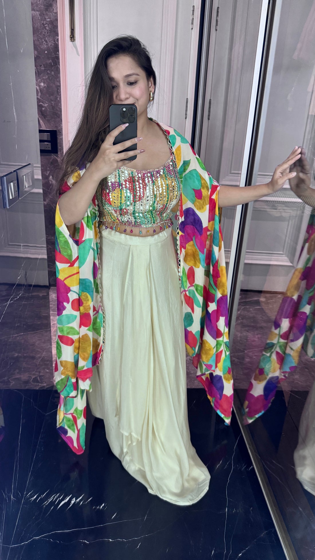 Multicolour cape skirt set