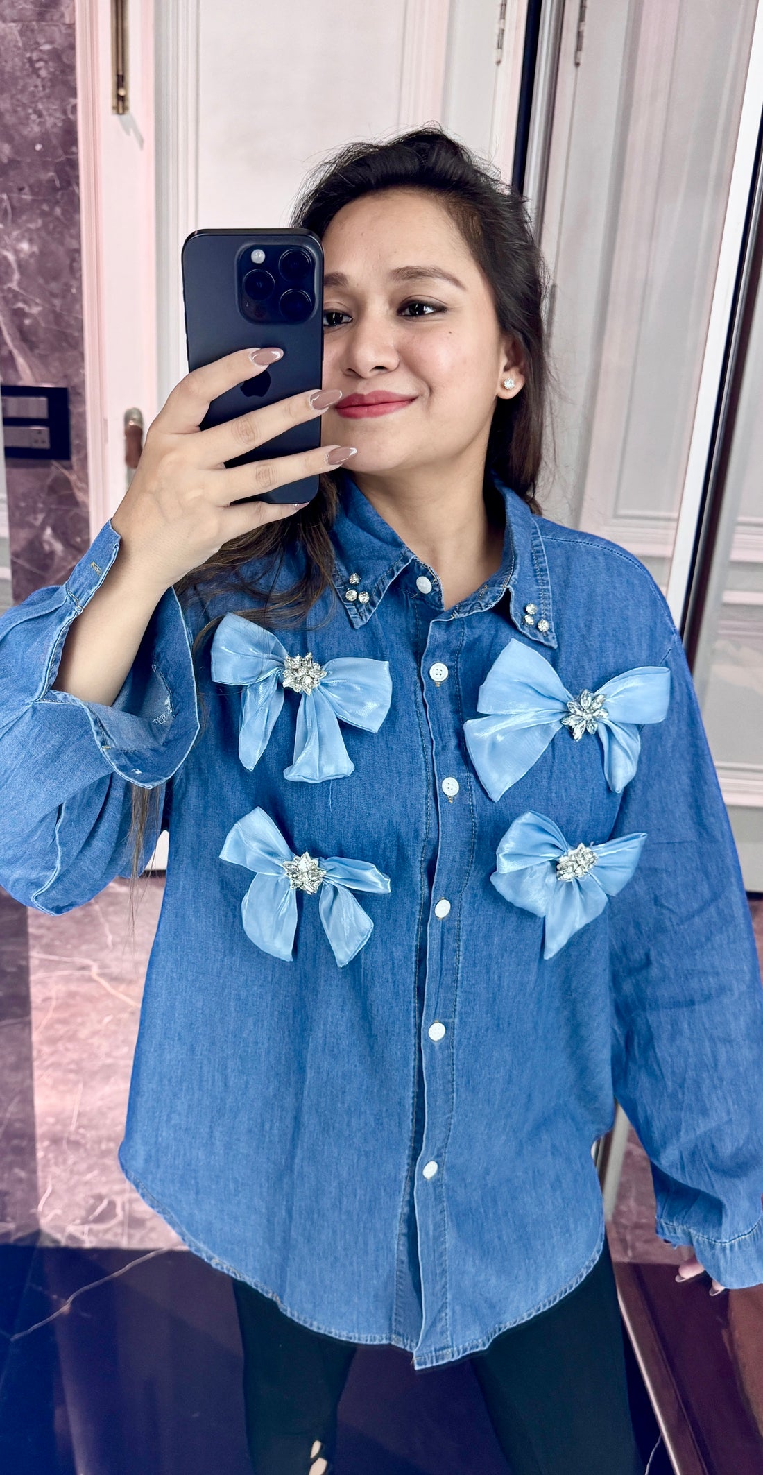 Bow embellished denim shirt