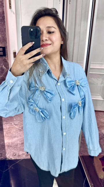 Bow embellished denim shirt